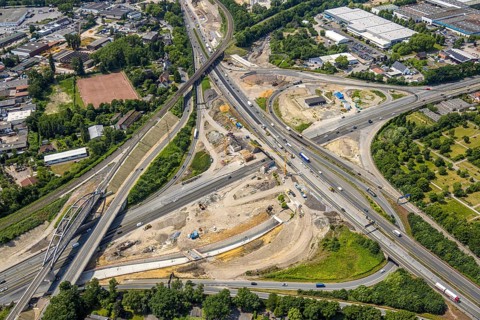 Aerial view, large construction site motorway junction Herne with tunnel construction, motorway A43