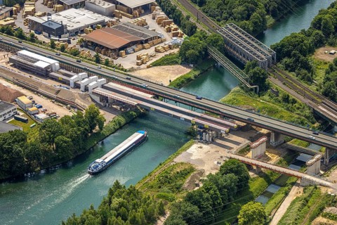 Aerial view, construction site with new construction, railway bridge Emscherbrücke Rollbahn,