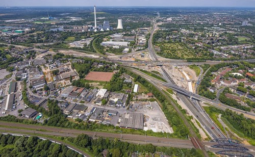 Aerial view, large construction site motorway junction Herne with tunnel construction, motorway A43