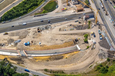 Aerial view, large construction site motorway junction Herne with tunnel construction, motorway A43
