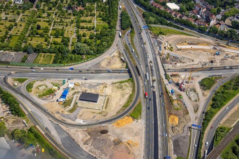 Aerial view, large construction site motorway junction Herne with tunnel construction, motorway A43