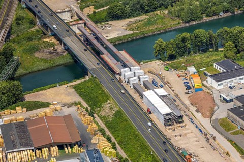 Aerial view, construction site with new construction, railway bridge Emscherbrücke Rollbahn,