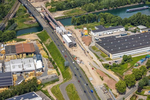 Aerial view, construction site with new construction, railway bridge Emscherbrücke Rollbahn,
