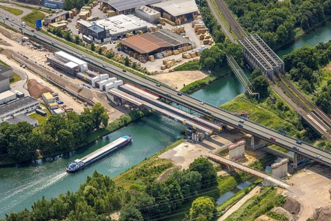 Aerial view, construction site with new construction, railway bridge Emscherbrücke Rollbahn,