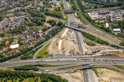 Aerial view, large construction site motorway junction Herne with tunnel construction, motorway A43