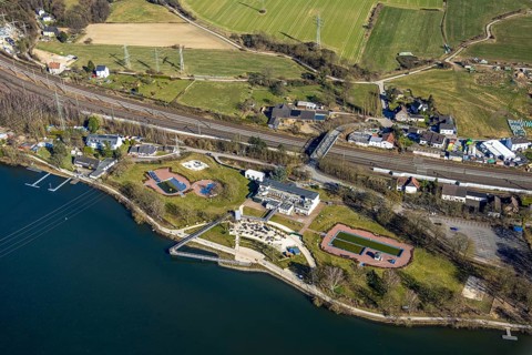 Aerial view, Strandhaus Salitos Beach Hengsteysee Beach Club on the southern shore of Hengstey,