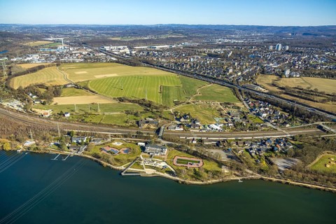 Aerial view, Strandhaus Salitos Beach Hengsteysee Beach Club on the southern shore of Hengstey,