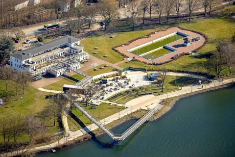 Aerial view, Strandhaus Salitos Beach Hengsteysee Beach Club on the southern shore of Hengstey,