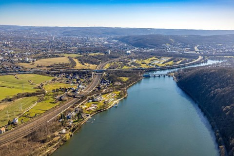 Aerial view, Hengsteysee, railway line and motorway A1 with view to the run-of-river power station