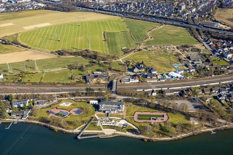 Aerial view, Strandhaus Salitos Beach Hengsteysee Beach Club on the southern shore of Hengstey,