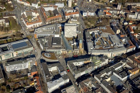Aerial view, city centre with Rathaus Galerie, pedestrian zone Rathauspassage, medium-sized town,