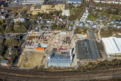 Aerial view, construction site and demolition work for new FunkenbergQuartier between Baumstraße
