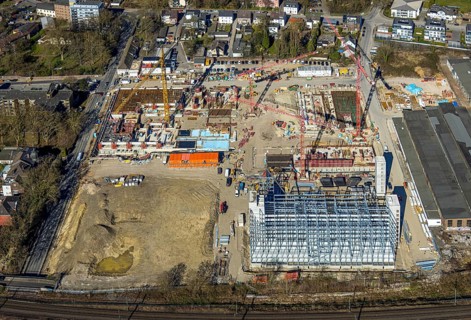 Aerial view, construction site and demolition work for new FunkenbergQuartier between Baumstraße