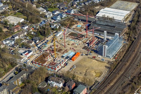 Aerial view, construction site and demolition work for new FunkenbergQuartier between Baumstraße