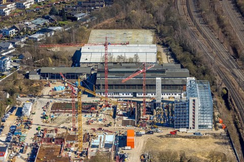 Aerial view, construction site and demolition work for new FunkenbergQuartier between Baumstraße