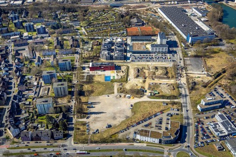 Aerial view, Kaiserquartier Herne, construction site with new construction of a residential complex