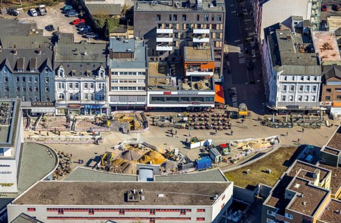 Aerial view, WAZ Medienhaus am Robert-Brauner-Platz, Cafe Extrablatt and construction site,
