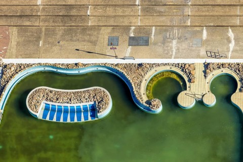 Aerial view, LAGO Die Therme, swimming pool outdoor pool and wellness centre, Börnig, Herne, Ruhr