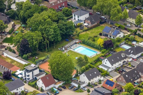 Aerial view, casino club Harmonie Unser Fritz 1959, swimming pool and tennis court Alleestraße,