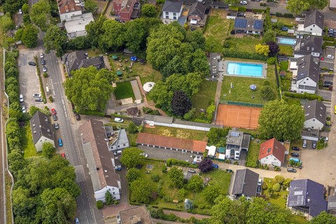 Aerial view, casino club Harmonie Unser Fritz 1959, swimming pool and tennis court Alleestraße,