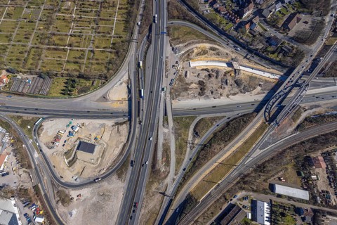 Aerial view, construction site motorway junction Herne, motorway A43 and motorway A42, Baukau-West,