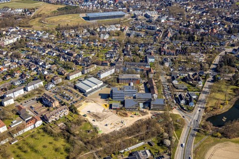 Aerial view, Mont-Cenis comprehensive school with solar roof, construction site, behind the