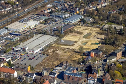 Aerial view, industrial estate Roonstraße with fallow land site of the former screw factory