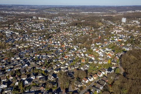 Aerial view, residential area, view of Emst district and Heilig-Geist-Kirche catholic church with