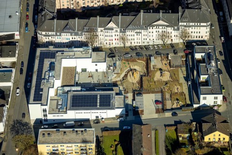 Aerial view, housing estate and playground redesign with construction site between Wehringhausen
