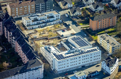 Aerial view, housing estate and playground redesign with construction site between Wehringhausen