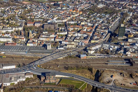 Aerial view, city centre and elevated road federal road B54 Eckeseyer Straße over railway tracks,