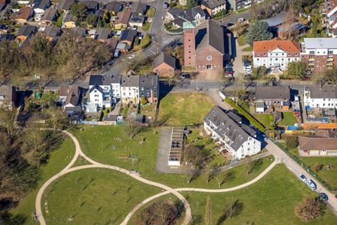Aerial view, Quartierpark Klosterstraße, ktah. Church of the Holy Family and Holsterhausen, Herne,