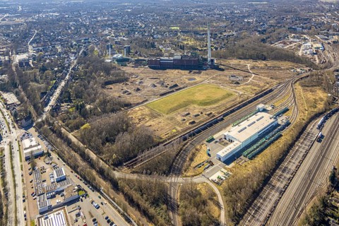 Aerial view, former Uniper power plant Shamrock, open space and construction site, former mine site