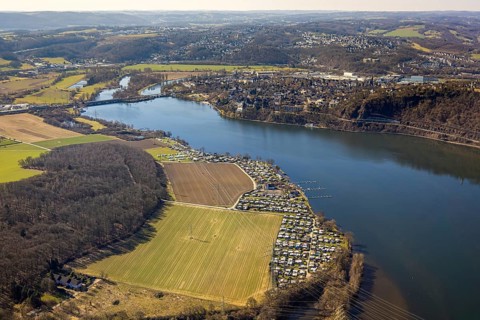 Aerial view, Harkortsee and town Wetter town view with Obergrabenbrücke, Caravanverein und