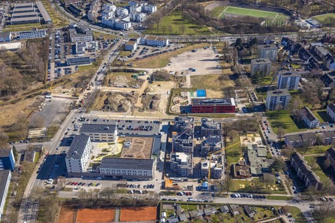 Aerial view, Kaiserquartier Herne, construction site with new construction of a residential complex