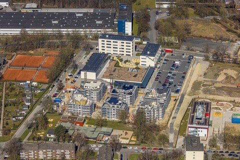 Aerial view, Kaiserquartier Herne, construction site with new construction of a residential complex