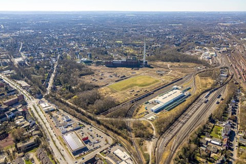 Aerial view, former Uniper power plant Shamrock, open space and construction site, former mine site