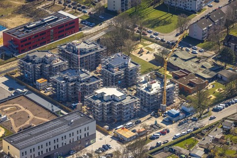 Aerial view, Kaiserquartier Herne, construction site with new construction of a residential complex
