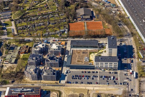 Aerial view, Kaiserquartier Herne, construction site with new construction of a residential complex