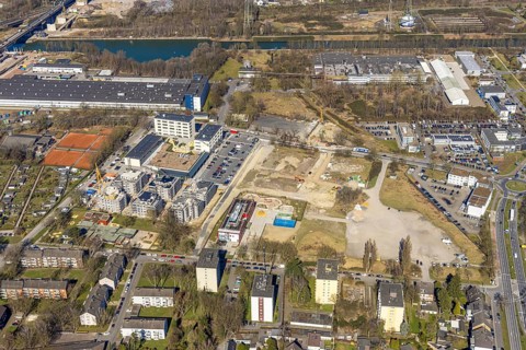 Aerial view, Kaiserquartier Herne, construction site with new construction of a residential complex