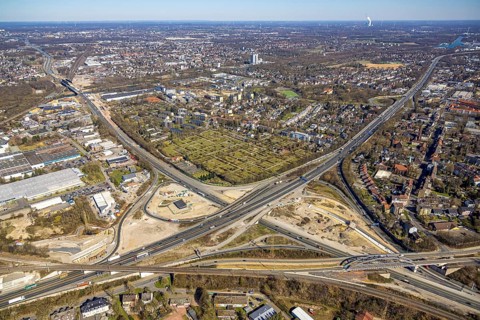 Aerial view, construction site motorway junction Herne, motorway A43 and motorway A42, Baukau-West,
