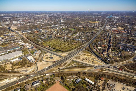 Aerial view, construction site motorway junction Herne, motorway A43 and motorway A42, Baukau-West,