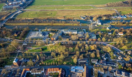 Aerial view, Hammonense grammar school and water sports centre, River Lippe and Datteln-Hamm Canal,