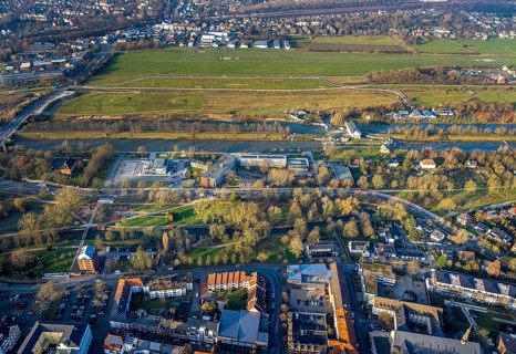Aerial view, Hammonense grammar school and water sports centre, River Lippe and Datteln-Hamm Canal,