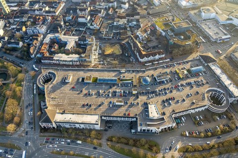 Aerial view, Allee-Center shopping centre with parking deck and Ritterpassage construction site