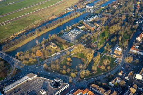 Aerial view, Hammonense grammar school and water sports centre, Nordring Park and River Lippe and
