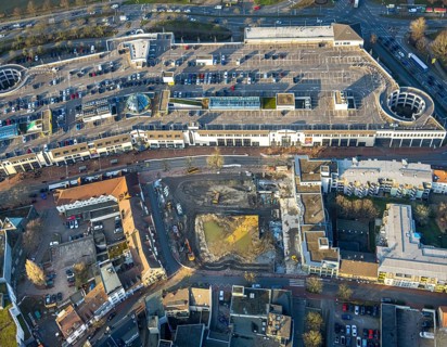 Aerial view, Allee-Center shopping centre with parking deck and Ritterpassage construction site