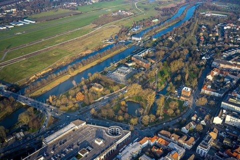 Aerial view, Hammonense grammar school and water sports centre, River Lippe and Datteln-Hamm Canal,