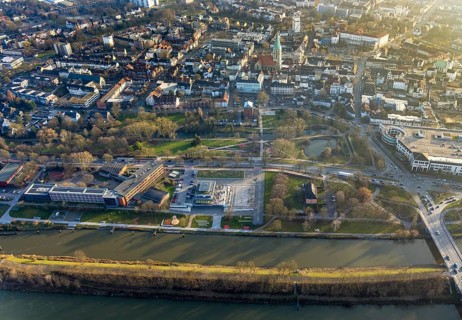 Aerial view, Hammonense grammar school and water sports centre, city centre with Nordring with