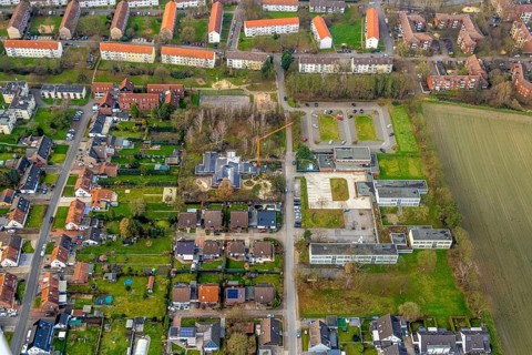 Aerial view, Arche Noah Herringen day care centre construction site, Friedrich-List Berufskolleg,
